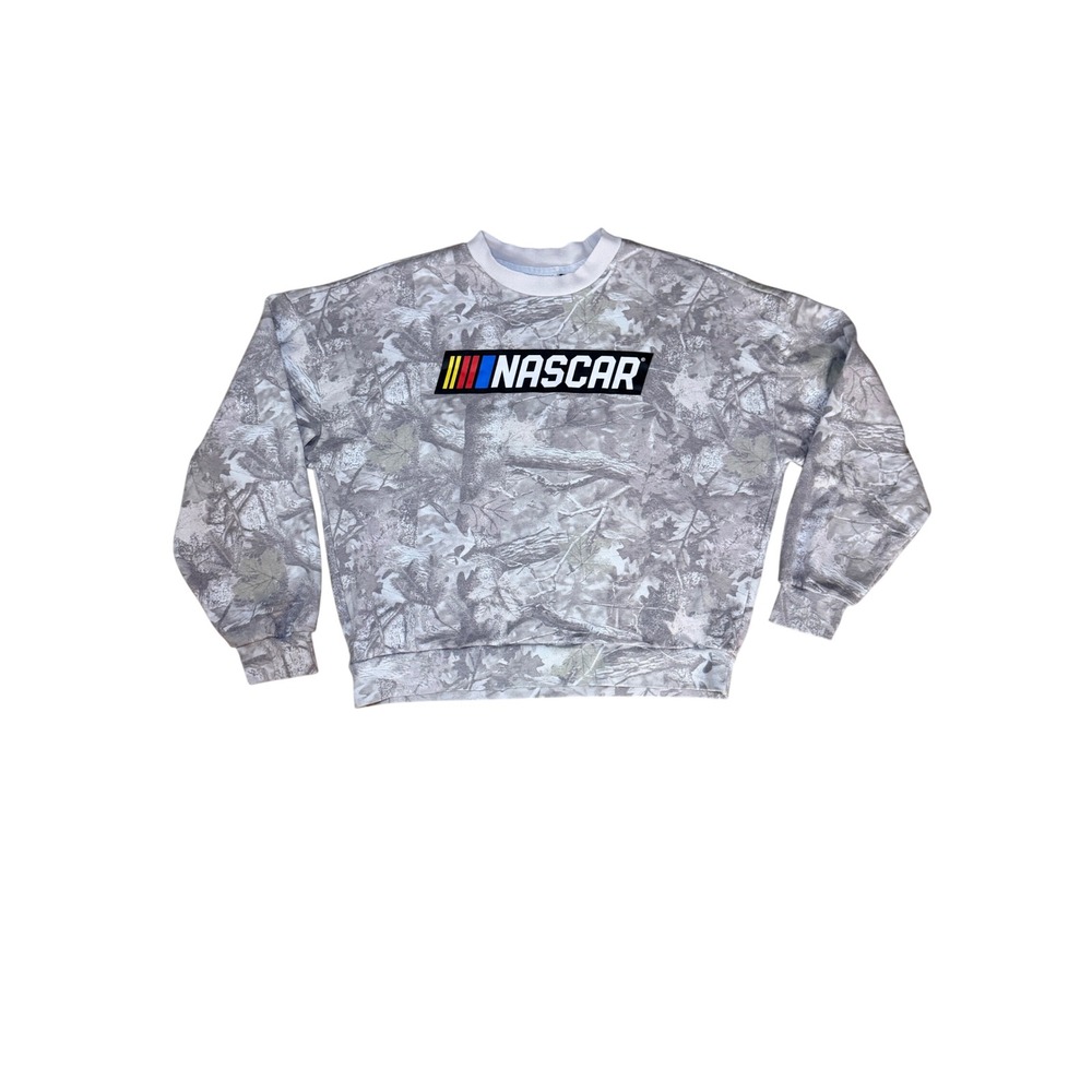 NASCAR Sweatshirt Unisex Medium Gray Real Tree Camo EUC Racing Graphic
